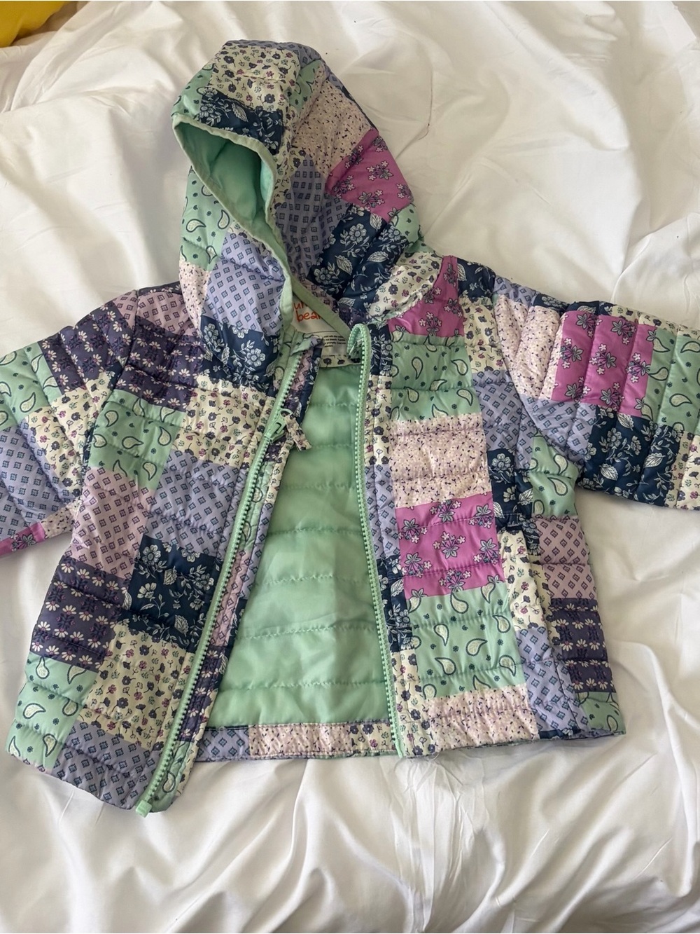 jumping beans Patchwork Hooded Puffer Jacket in Mint, Purple & Pink